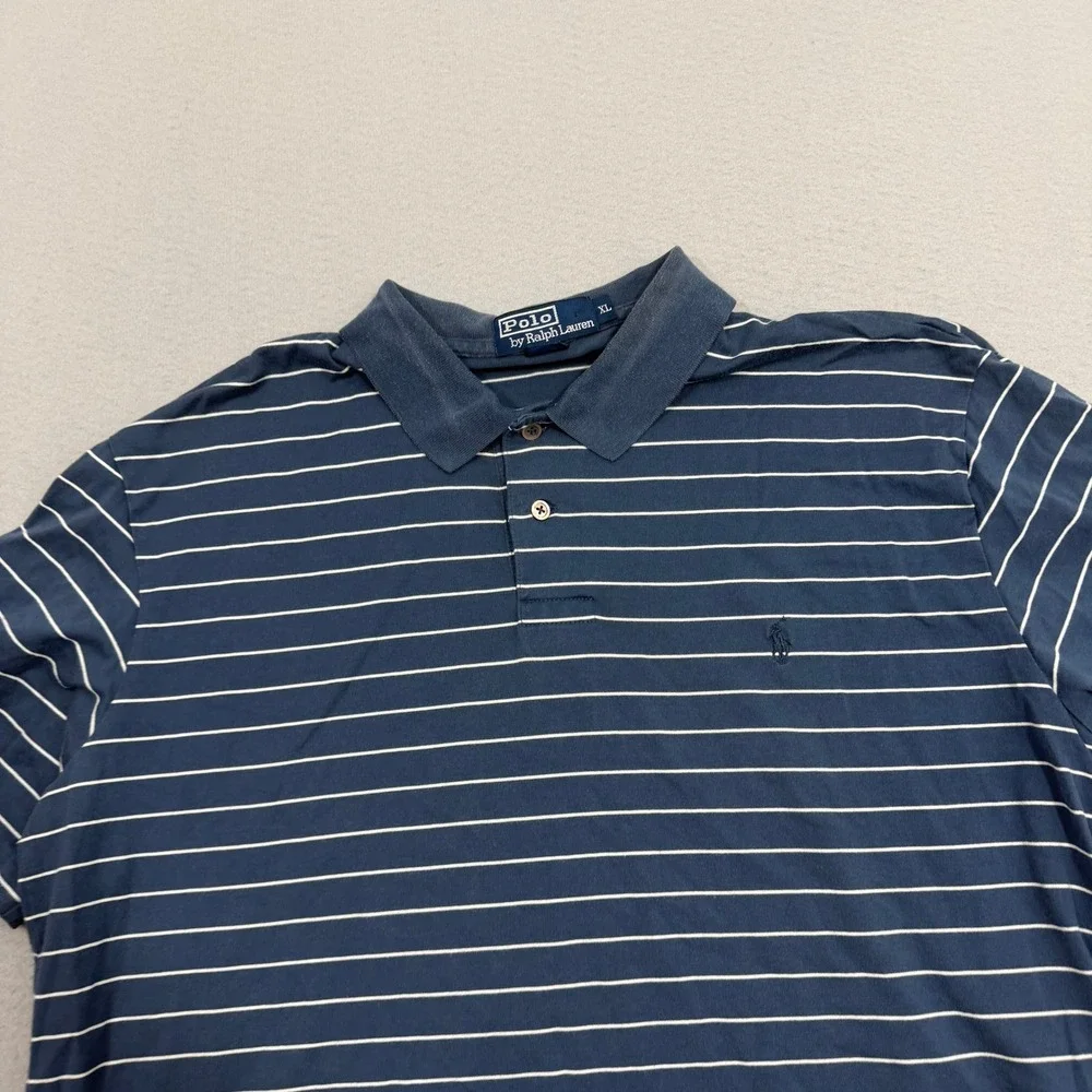 Vintage Polo Ralph Lauren Polo XL Blue Striped Short Sleeve Cotton Preppy 90s